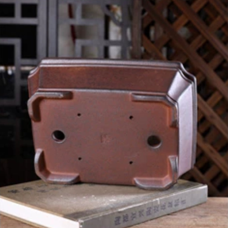 9.8 inch (25cm) Corner-Cut Rectangular Wood-Fired Unglazed Bonsai Pot with Narrowed Rim Bottom View