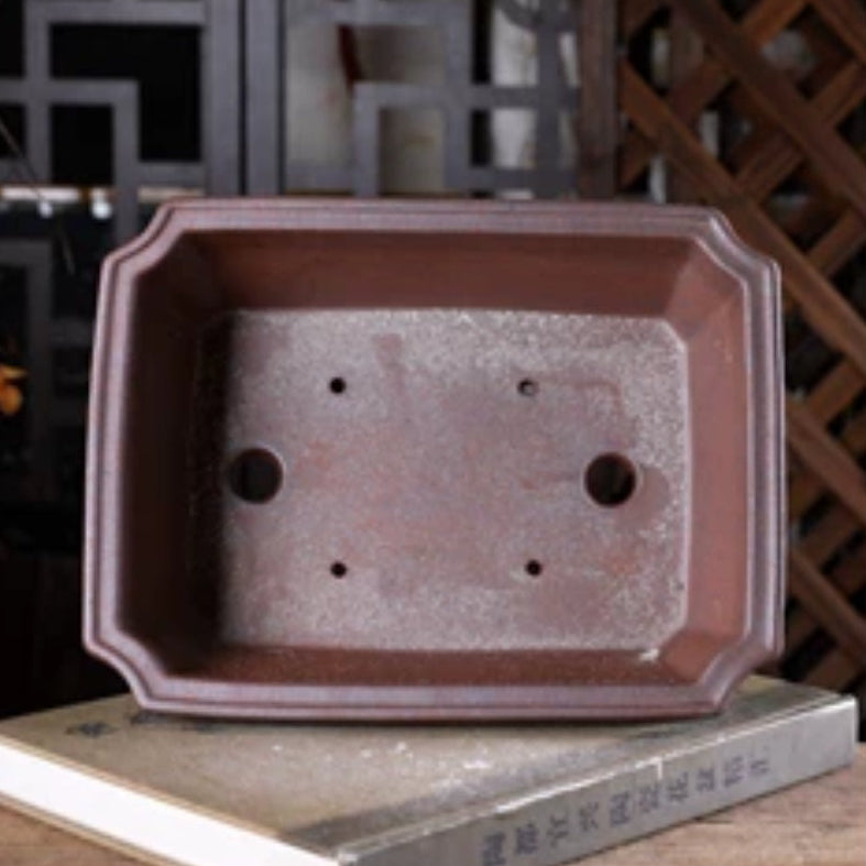 9.8 inch (25cm) Corner-Cut Rectangular Wood-Fired Unglazed Bonsai Pot with Narrowed Rim Inner View