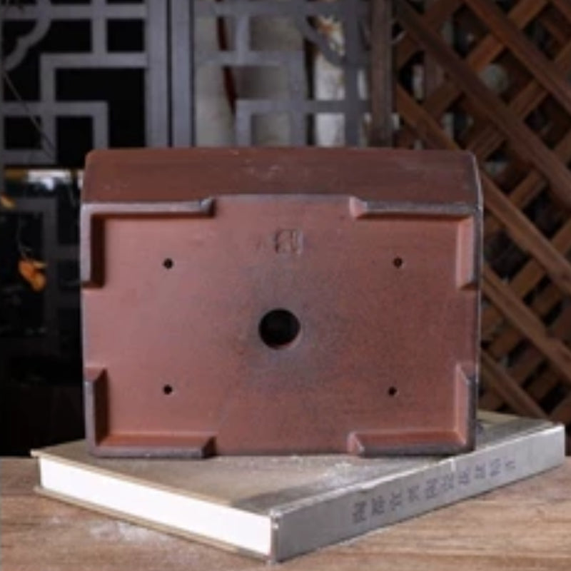 9.8 inch (25cm) Rectangular Rimless Minimalist Unglazed Wood-Fired Deep Bonsai Pot Bottom View