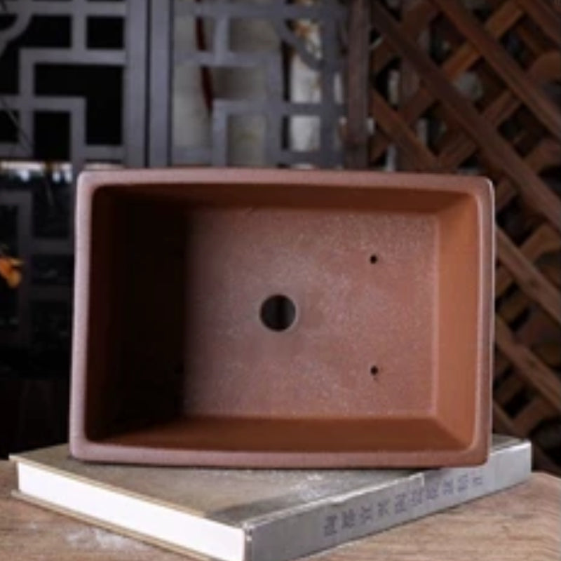 9.8 inch (25cm) Rectangular Rimless Minimalist Unglazed Wood-Fired Deep Bonsai Pot Inner View