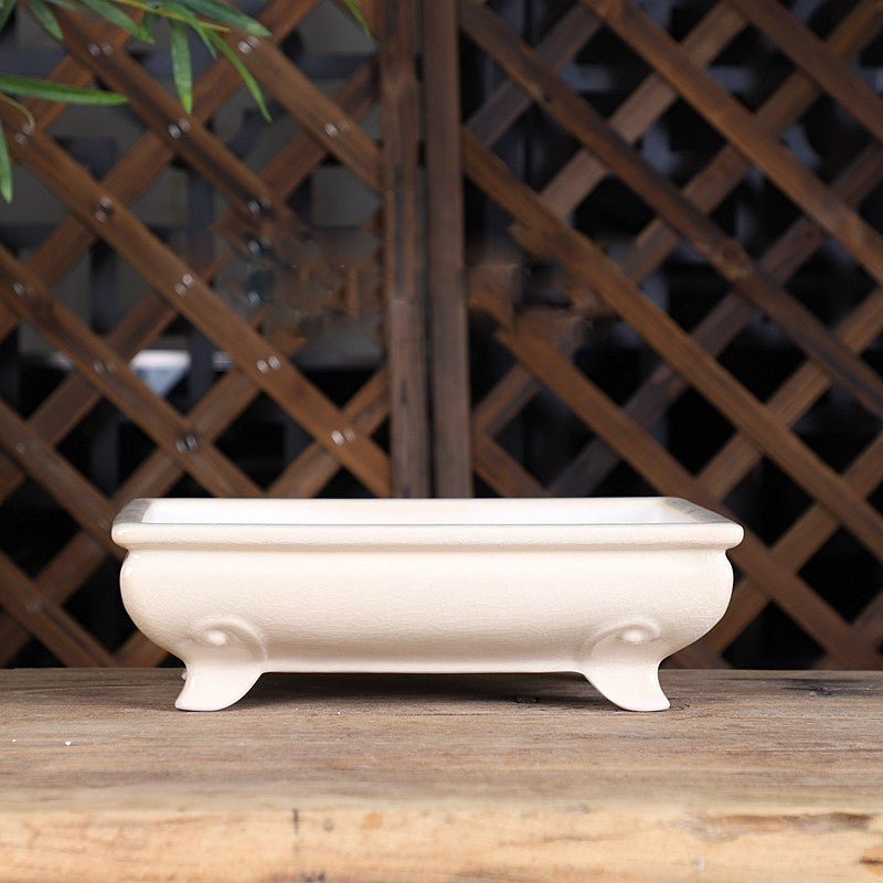 9.8 inch (25cm) Bulged Rectangular Cracked Glaze Raised Feet Bonsai Pot