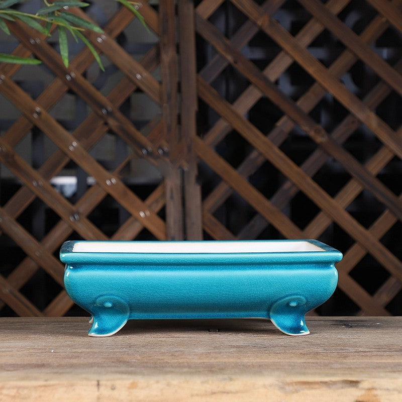 9.8 inch (25cm) Bulged Rectangular Cracked Glaze Raised Feet Bonsai Pot Blue Color