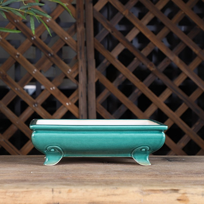 9.8 inch (25cm) Bulged Rectangular Cracked Glaze Raised Feet Bonsai Pot Green Color