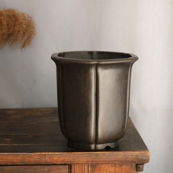 9.8 inch (25cm) Deep Soft Hexagonal Black Handmade Premium Cascade Bonsai Pot Corner View