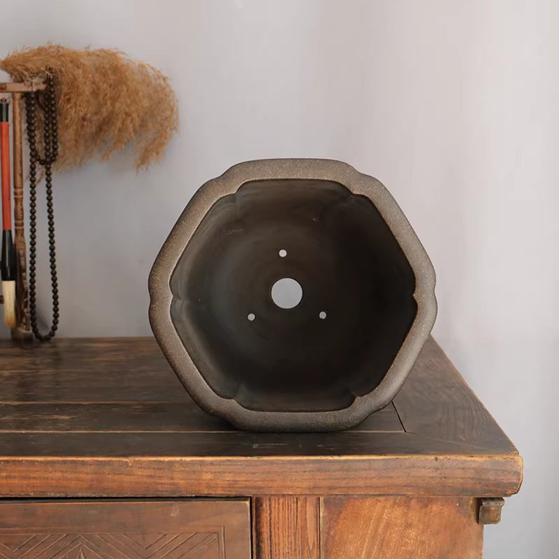 9.8 inch (25cm) Deep Soft Hexagonal Black Handmade Premium Cascade Bonsai Pot Inner View