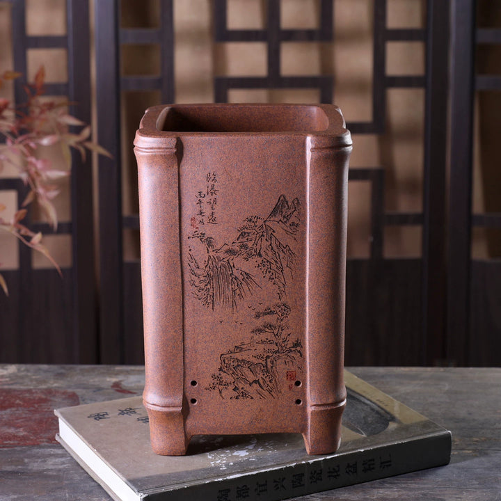 9.8 inch (25cm) Deep Square Wood-Fired Unglazed Carved Cascade Bonsai Pot