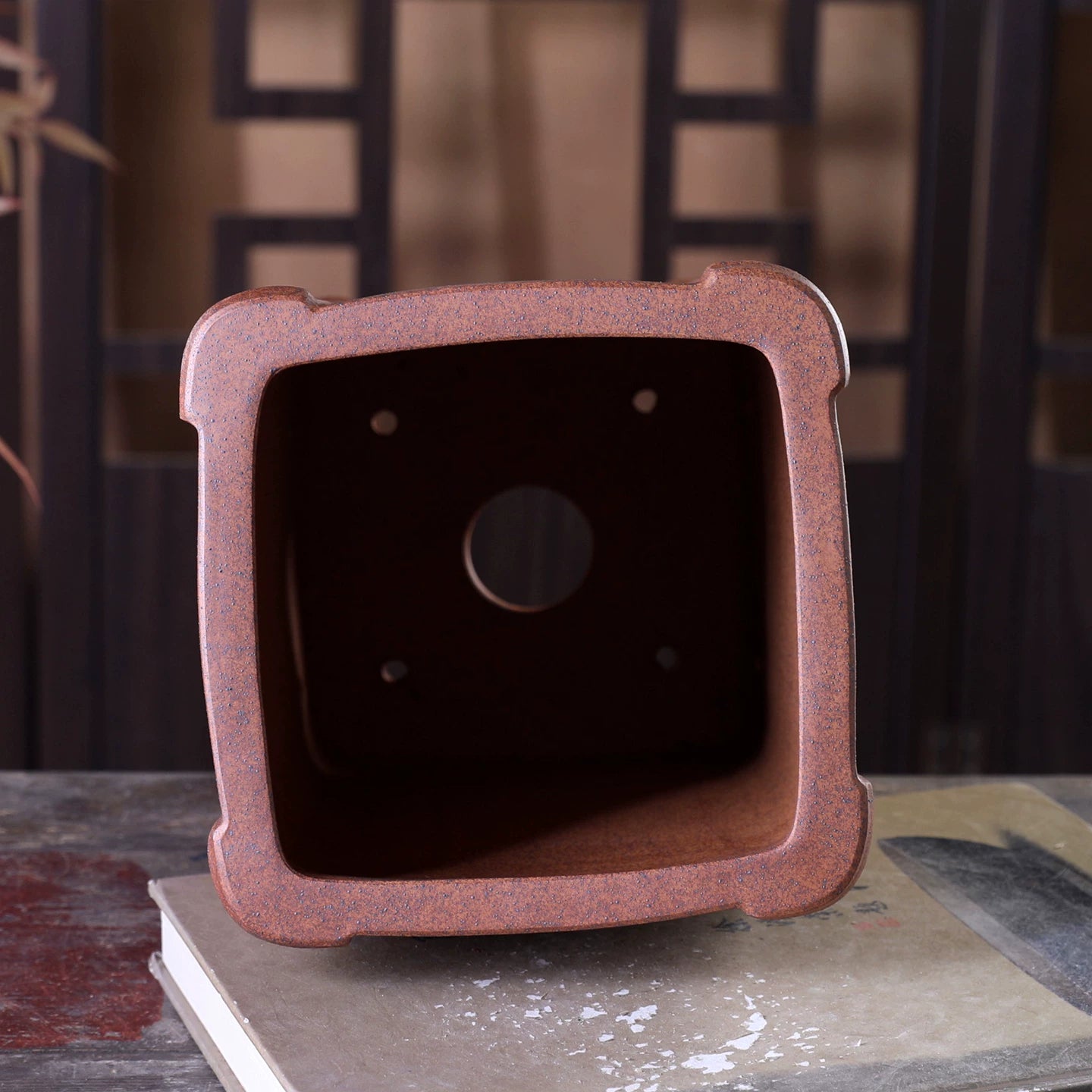 9.8 inch (25cm) Deep Square Wood-Fired Unglazed Carved Cascade Bonsai Pot Inner View