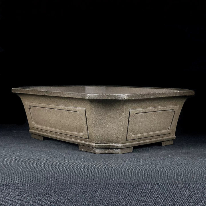 9.8 inch (25cm) Flared Corner-Cut Rectangular Unglazed Premium Bonsai Pot w Framed Walls Corner View