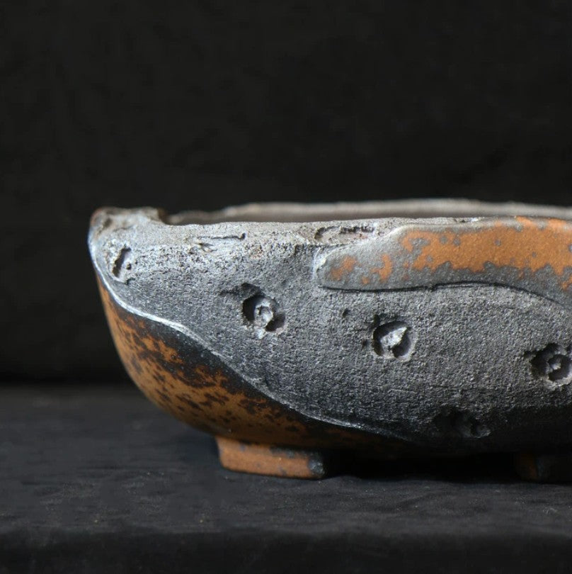 9.8 inch (25cm) Irregular Square Rustic-Style Unique Bonsai Pot Unglazed Close Shot