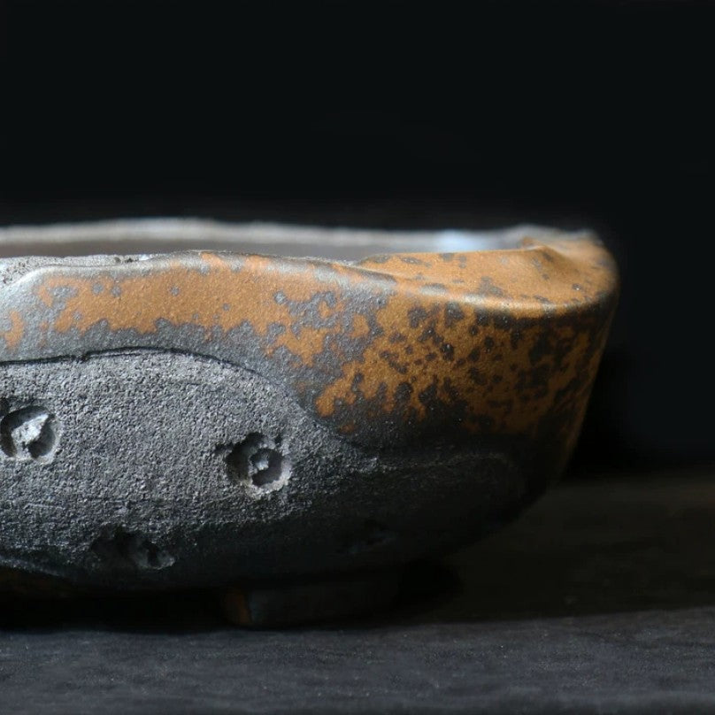 9.8 inch (25cm) Irregular Square Rustic-Style Unique Bonsai Pot Unglazed Close Shot