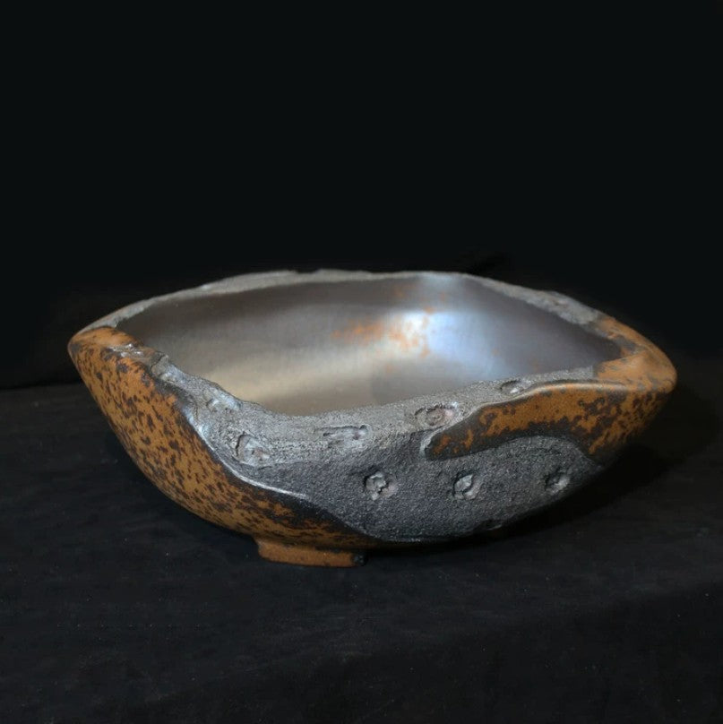 9.8 inch (25cm) Irregular Square Rustic-Style Unique Bonsai Pot Unglazed Corner View
