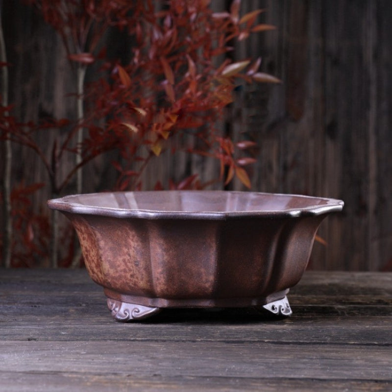 9.8 inch (25cm) Lotus-Shaped Wood-Fired Unglazed Raised Feet Bonsai Pot