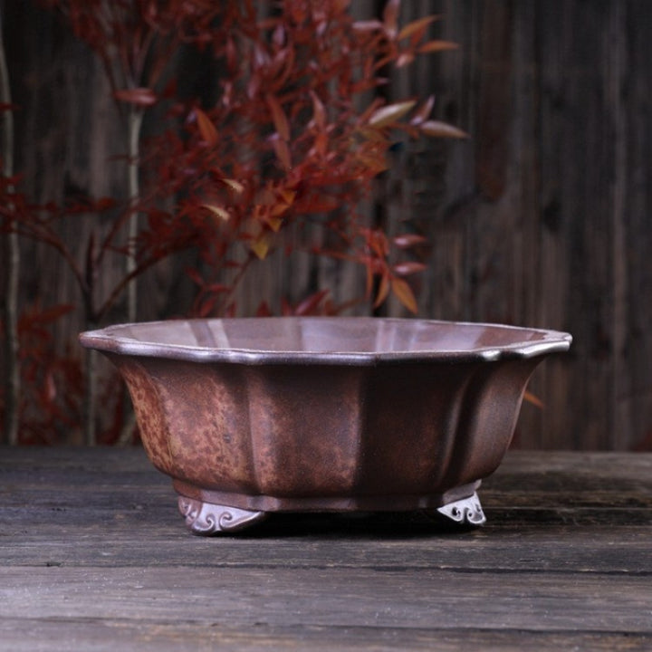9.8 inch (25cm) Lotus-Shaped Wood-Fired Unglazed Raised Feet Bonsai Pot