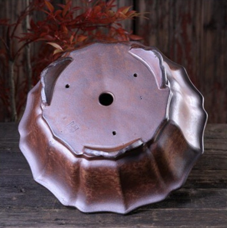 9.8 inch (25cm) Lotus-Shaped Wood-Fired Unglazed Raised Feet Bonsai Pot Bottom View
