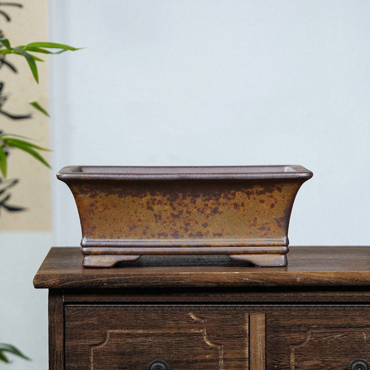 9.8 inch (25cm) Medium-Sized Rectangle Firewood-Fired Speckled Finish Bonsai Pot