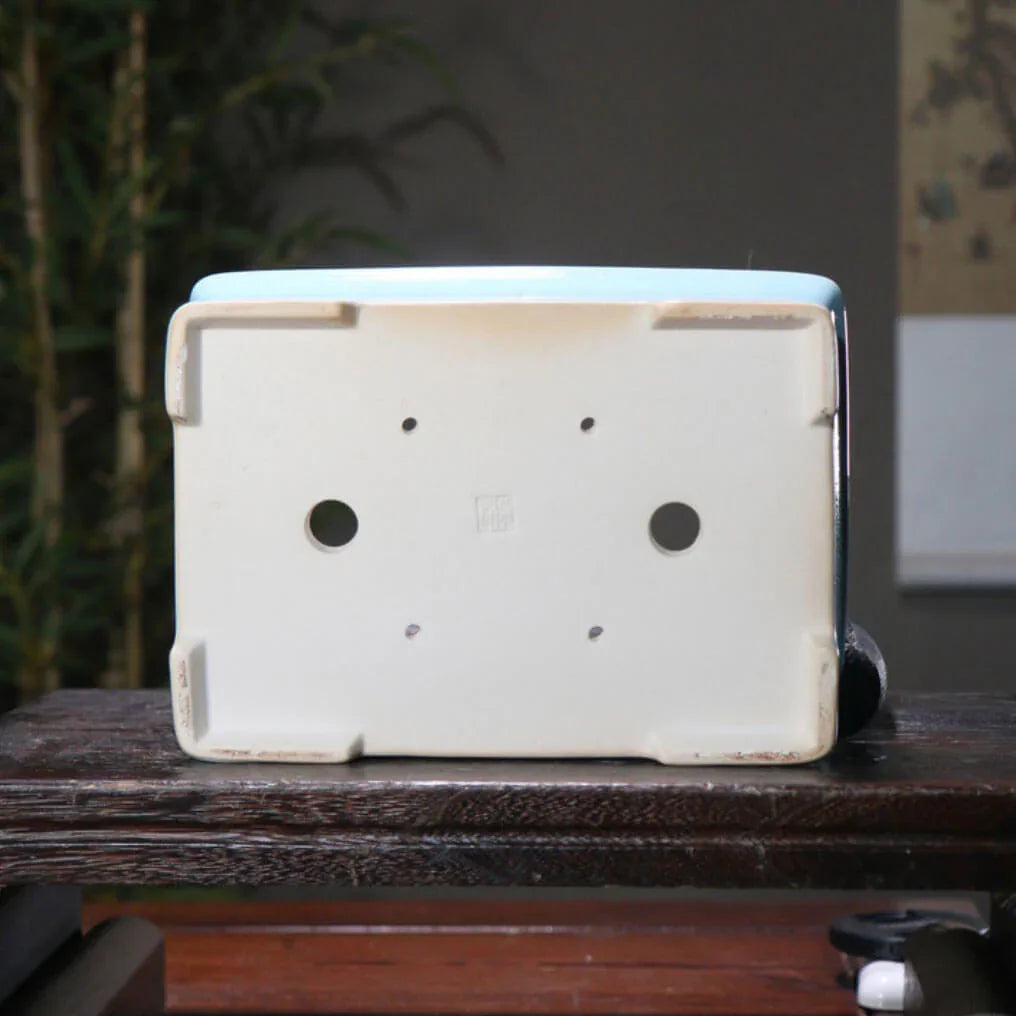 9.8 inch (25cm) Rectangle Cracked Glaze Bonsai Pots w Inward Curve & Raised Line Bottom View