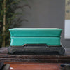 9.8 inch (25cm) Rectangle Cracked Glaze Bonsai Pots w Inward Curve & Raised Line Green Color