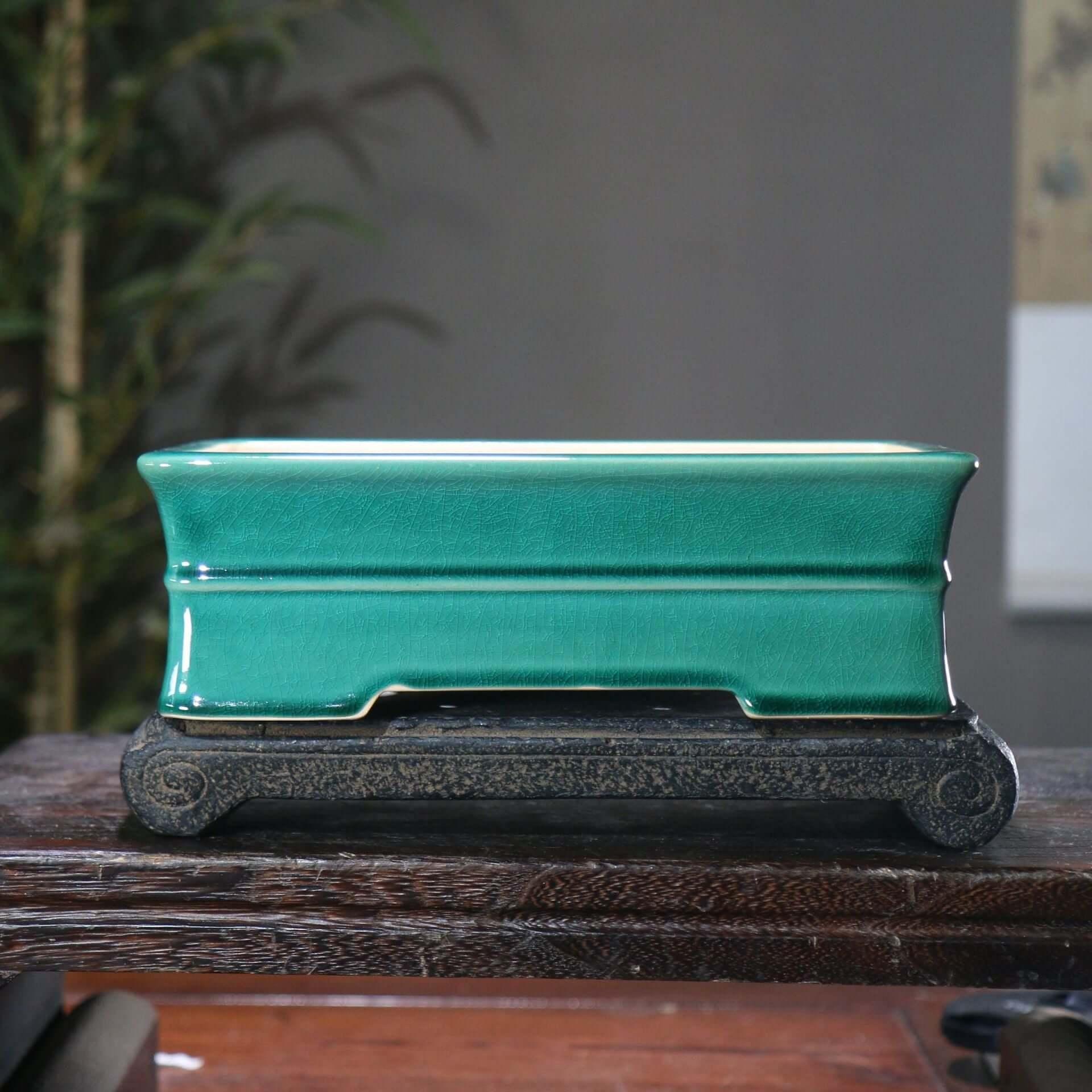 9.8 inch (25cm) Rectangle Cracked Glaze Bonsai Pots w Inward Curve & Raised Line Green Color