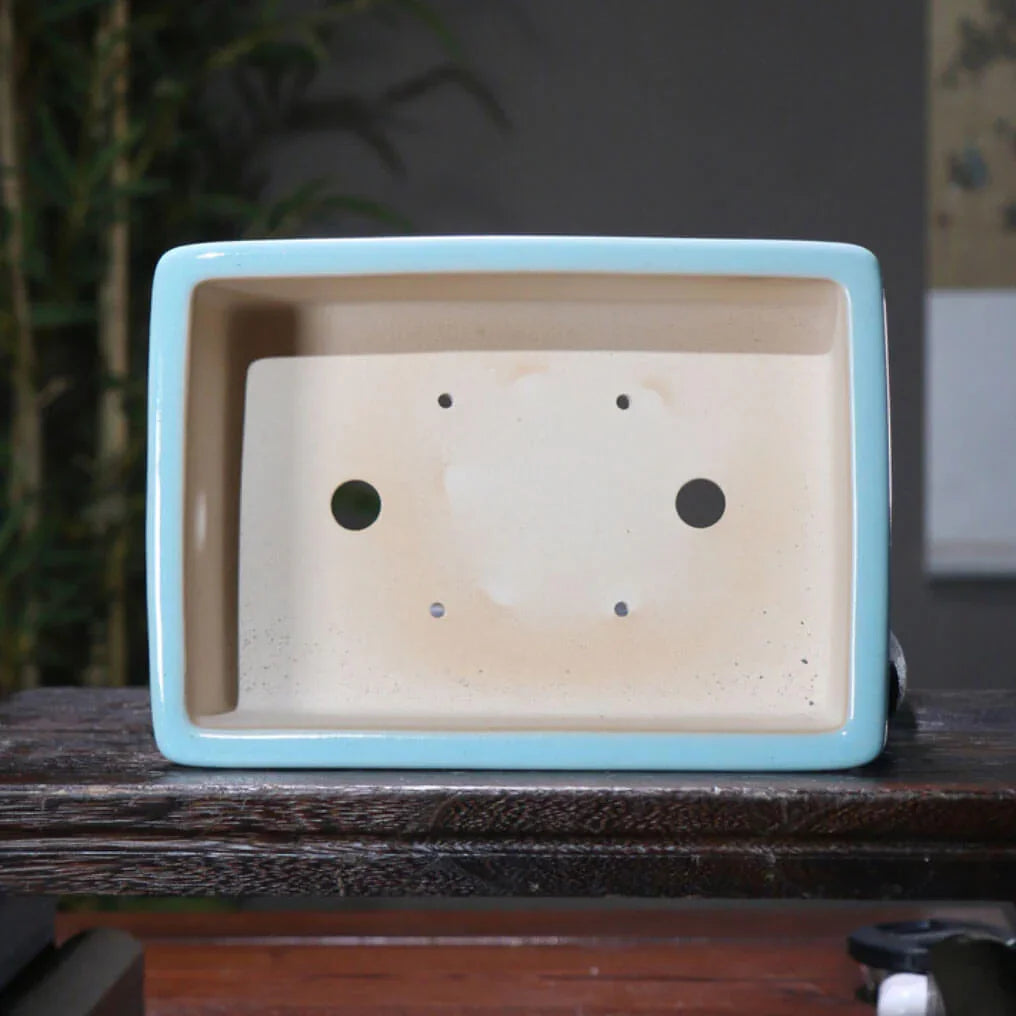 9.8 inch (25cm) Rectangle Cracked Glaze Bonsai Pots w Inward Curve & Raised Line Inner View