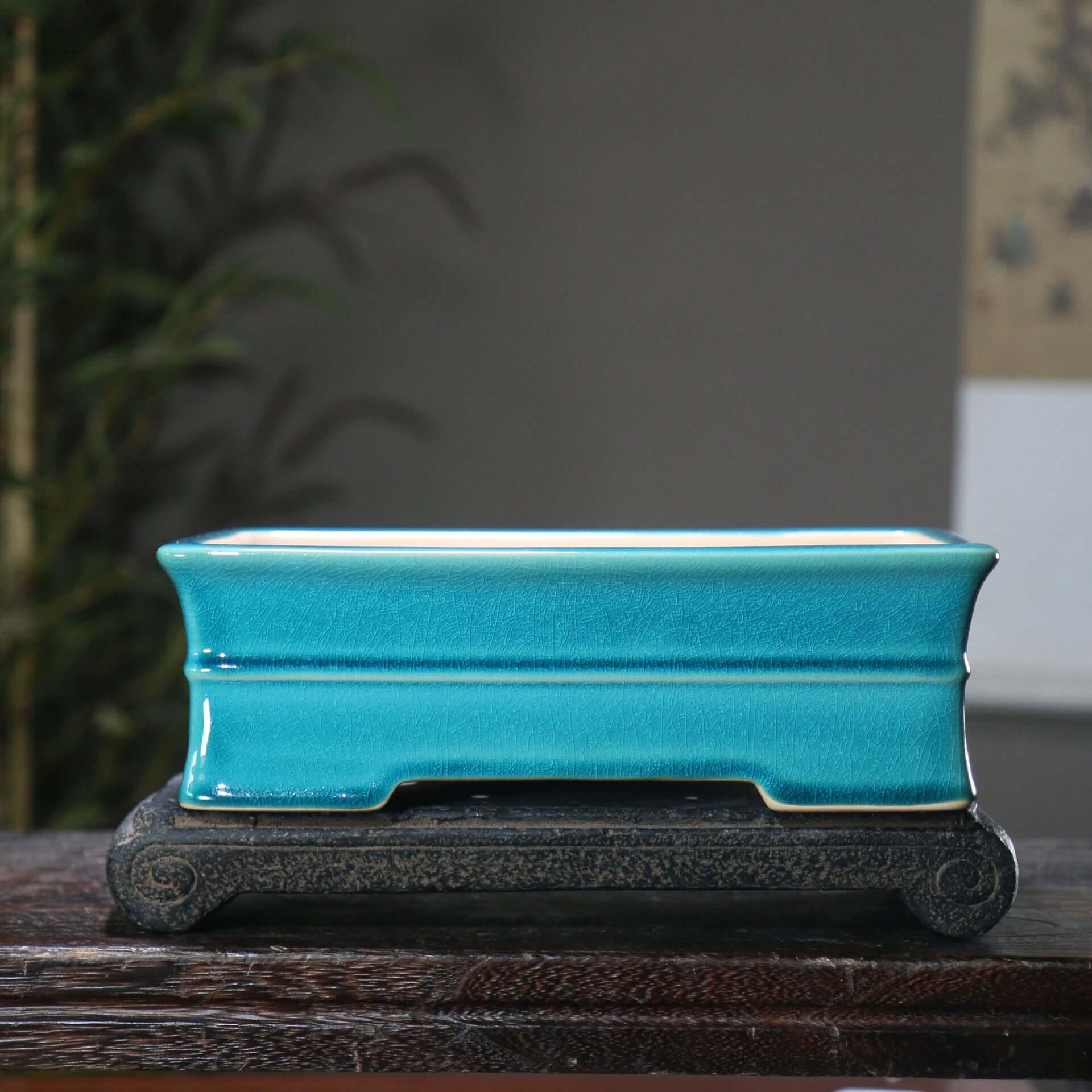 9.8 inch (25cm) Rectangle Cracked Glaze Bonsai Pots w Inward Curve & Raised Line Peacock Blue Color