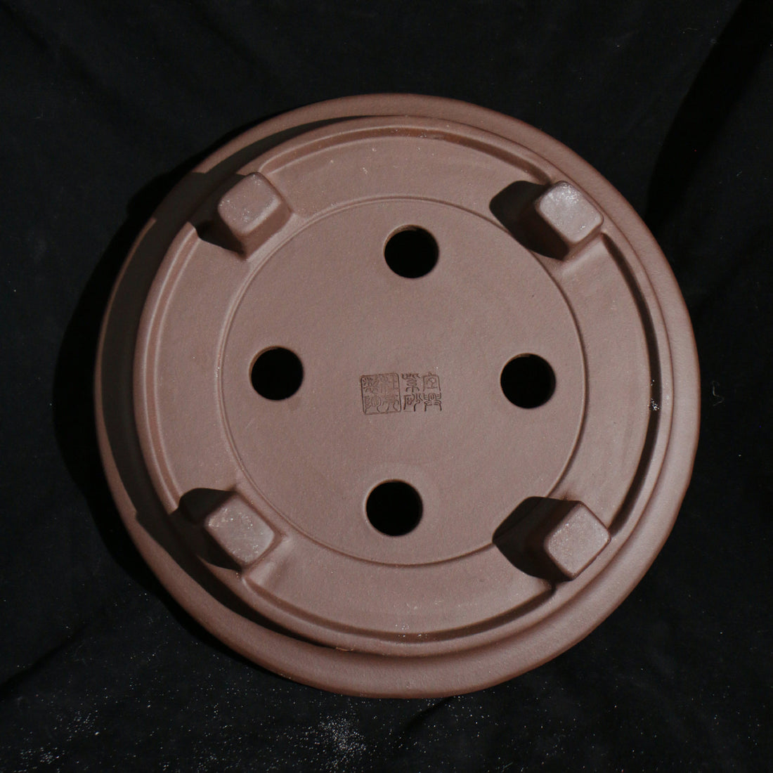 9.8 inch (25cm) Round Unglazed Shallow Bonsai Pot with Encircling Mid-Body Raised Band Bottom View