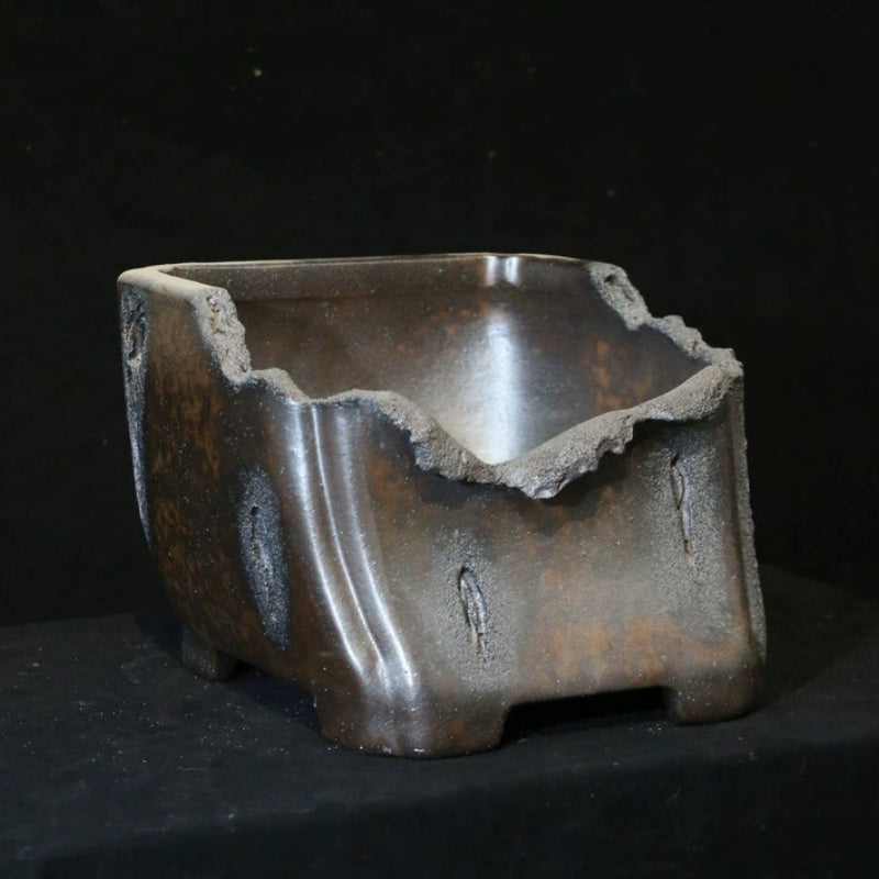 9.8 inch (25cm) Speckled Finish Abstract Broken Edge-Style Unique Semi-Cascade Bonsai Pot