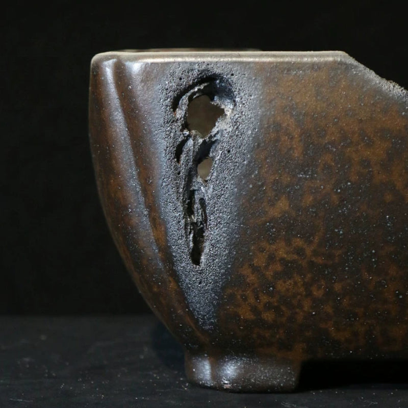 9.8 inch (25cm) Speckled Finish Abstract Broken Edge-Style Unique Semi-Cascade Bonsai Pot Close Shot