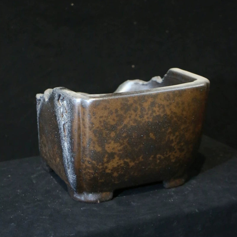 9.8 inch (25cm) Speckled Finish Abstract Broken Edge-Style Unique Semi-Cascade Bonsai Pot Corner Back View