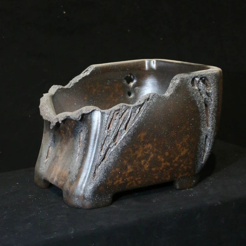 9.8 inch (25cm) Speckled Finish Abstract Broken Edge-Style Unique Semi-Cascade Bonsai Pot Corner View