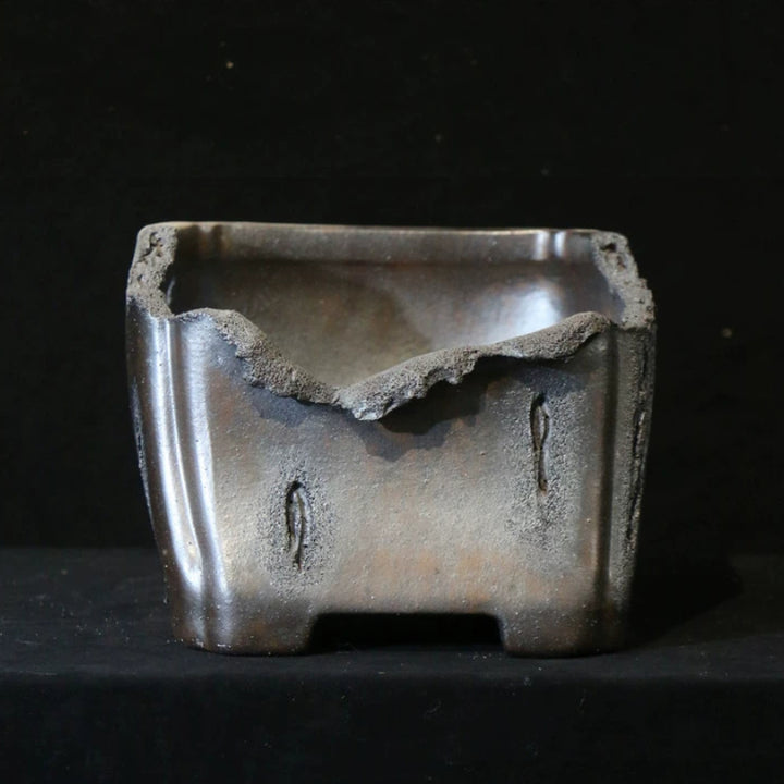 9.8 inch (25cm) Speckled Finish Abstract Broken Edge-Style Unique Semi-Cascade Bonsai Pot Side View