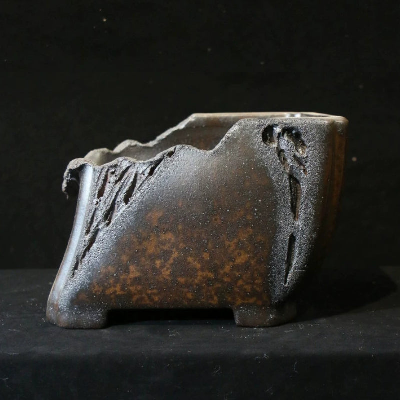 9.8 inch (25cm) Speckled Finish Abstract Broken Edge-Style Unique Semi-Cascade Bonsai Pot Side View