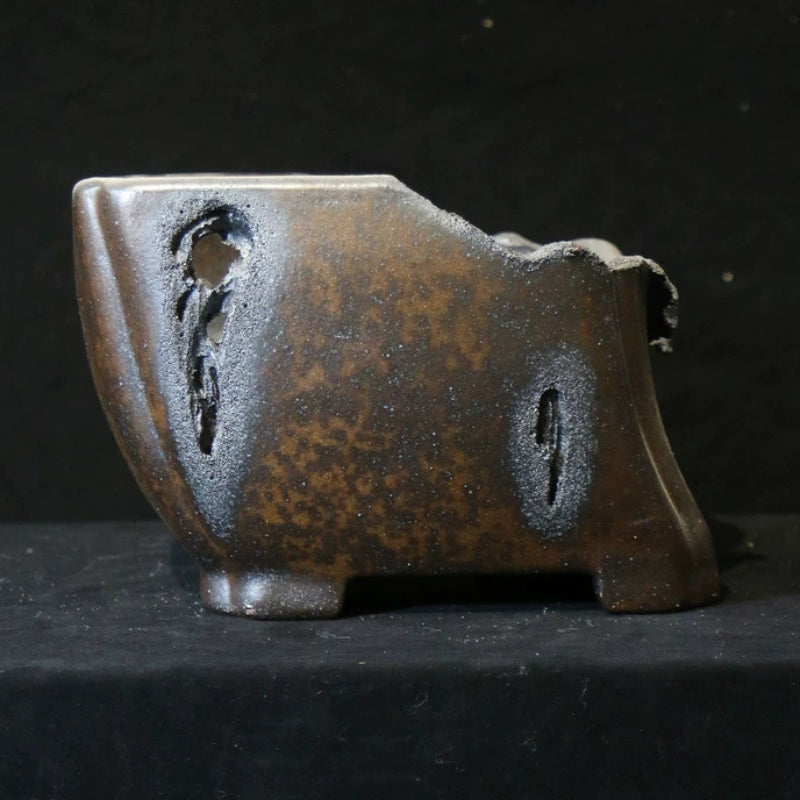 9.8 inch (25cm) Speckled Finish Abstract Broken Edge-Style Unique Semi-Cascade Bonsai Pot Side View