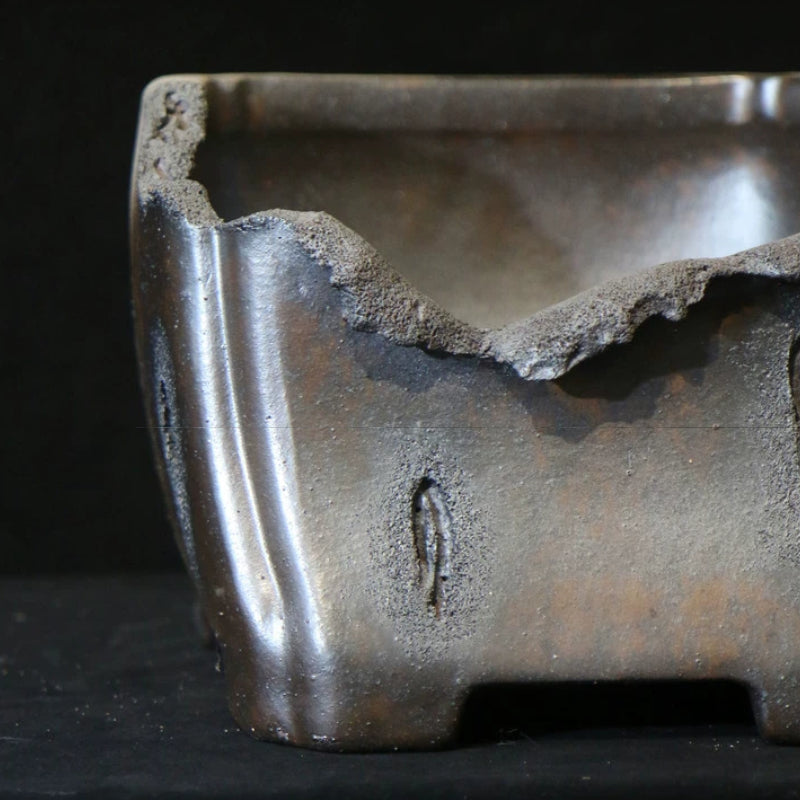 9.8 inch (25cm) Speckled Finish Abstract Broken Edge-Style Unique Semi-Cascade Bonsai Pot Side View Close Shot