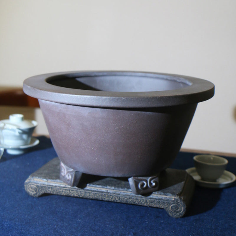 9.8 inch (25cm) Wide 5.3 inch (13.5cm) Deep Flared Round Dark Brown Semi-Cascade Bonsai Pot Corner View