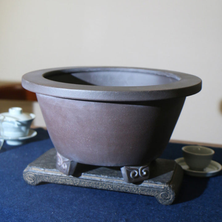 9.8 inch (25cm) Wide 5.3 inch (13.5cm) Deep Flared Round Dark Brown Semi-Cascade Bonsai Pot Corner View