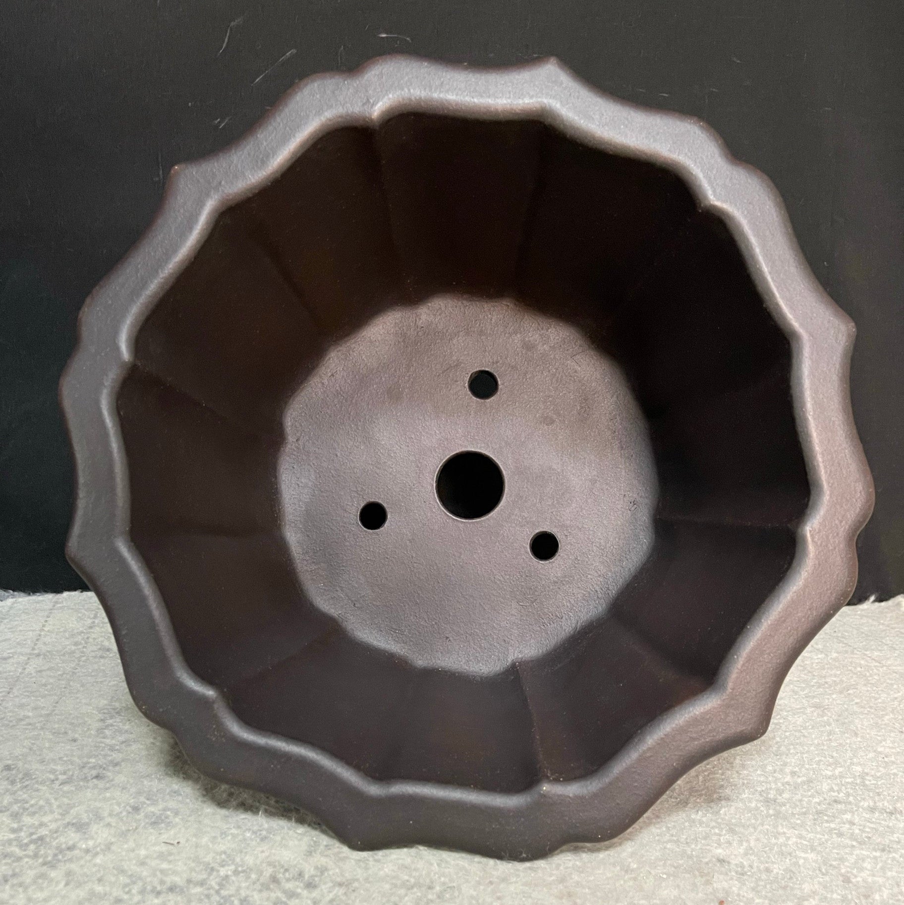 9.8 inch (25cm) Wide 5.9" (15cm) Deep Lotus-Shaped Unglazed Semi-Cascade Bonsai Pot w Flared Rim Inner View