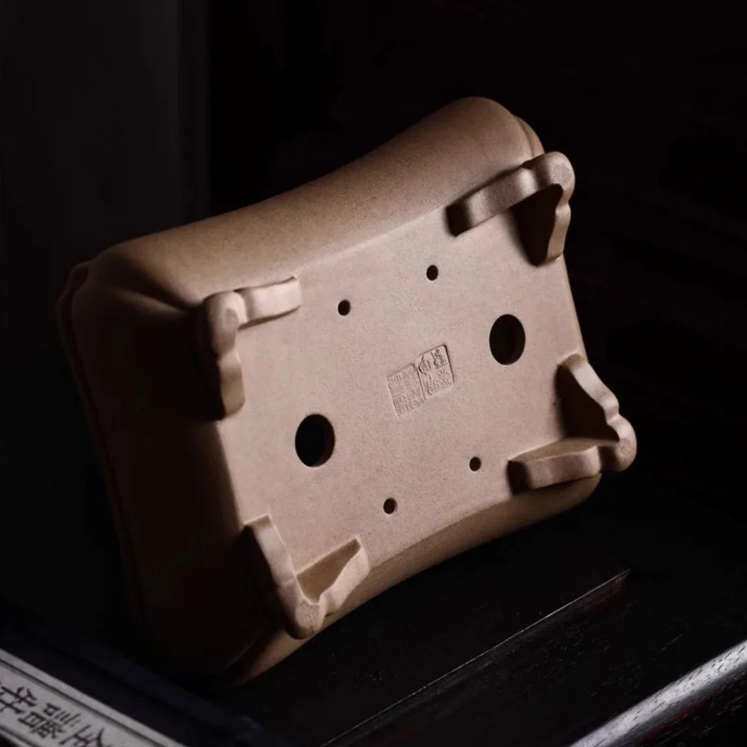 9" (23cm) Handcrafted Yixing Clay Bonsai Pot w Sandy Color Texture Bottom View