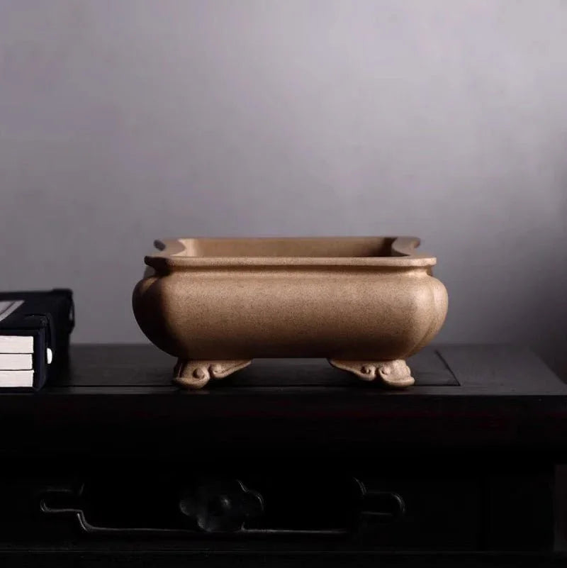 9" (23cm) Handcrafted Yixing Clay Bonsai Pot w Sandy Color Texture Side View