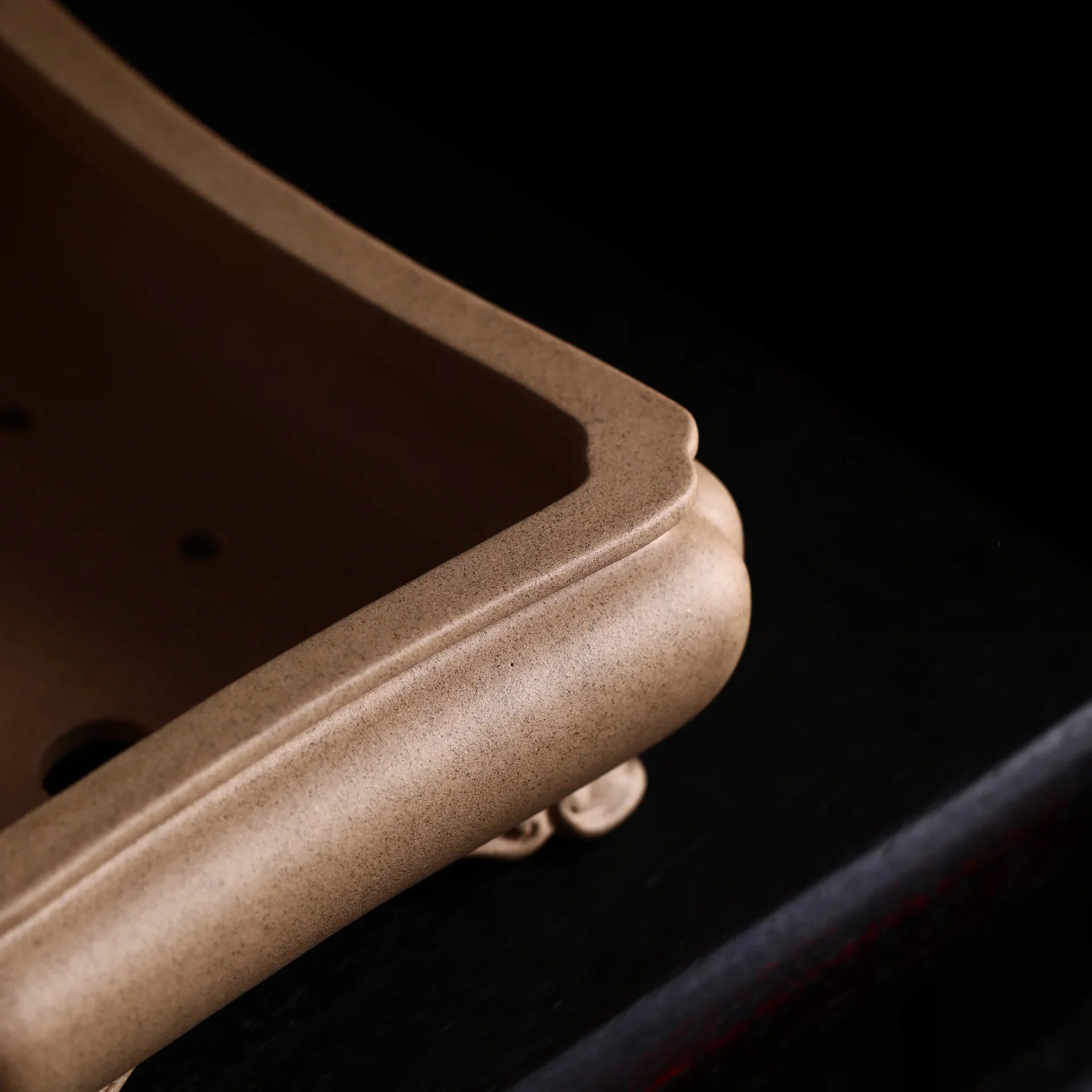 9" (23cm) Handcrafted Yixing Clay Bonsai Pot w Sandy Color Texture Top Corner Close Shot