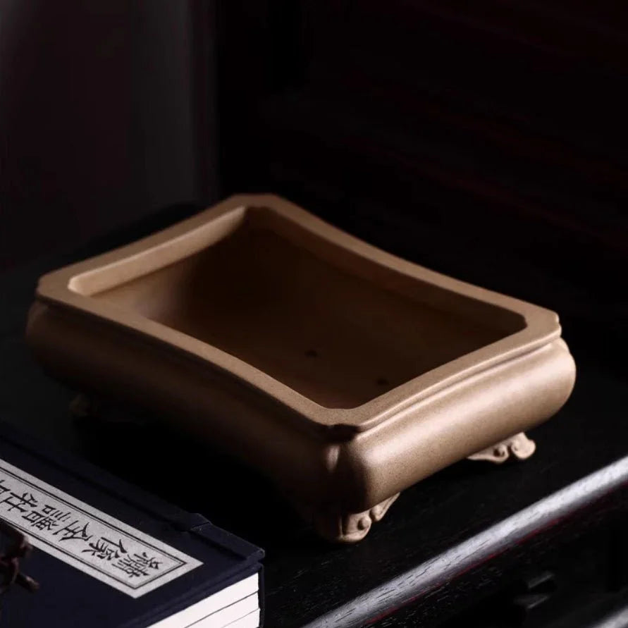 9" (23cm) Handcrafted Yixing Clay Bonsai Pot w Sandy Color Texture Top Corner View