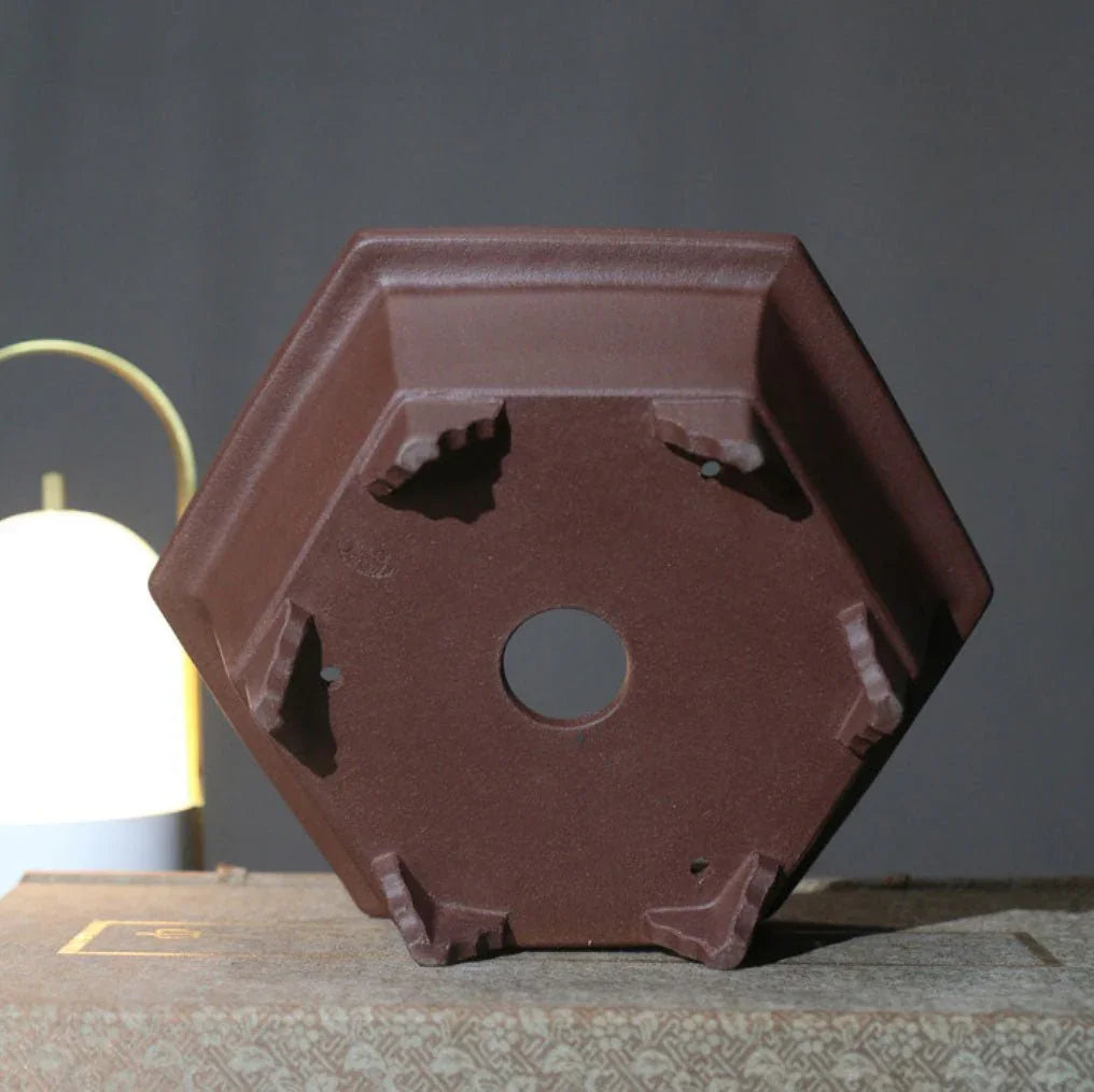 9" (23cm) Hexagonal Premium Yixing Clay Unglazed Bonsai Pot Bottom View