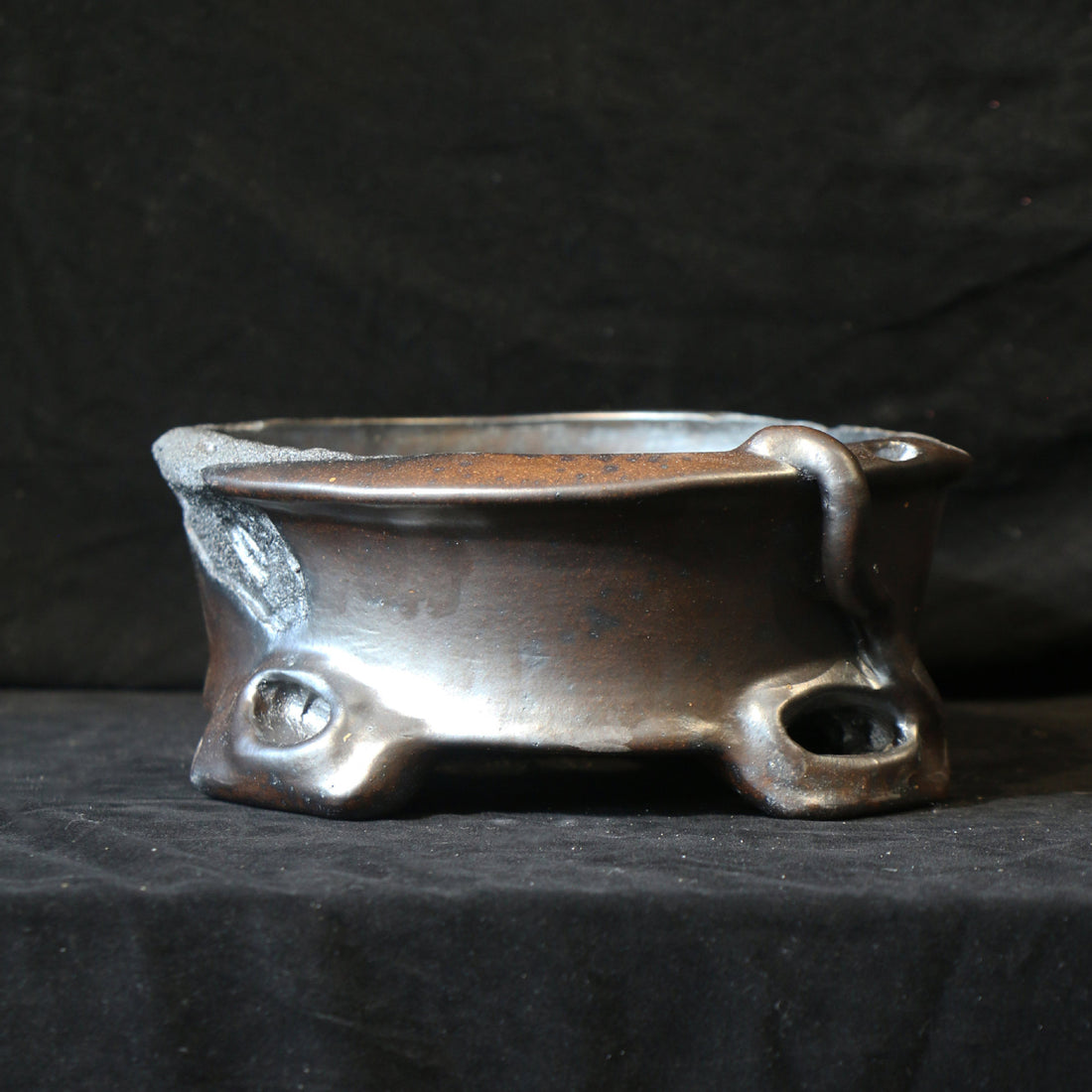 9" (23cm) Irregular Round Wood-Fired Bonsai Pot w Eroded Stone-Like Texture & Sculptural Feet