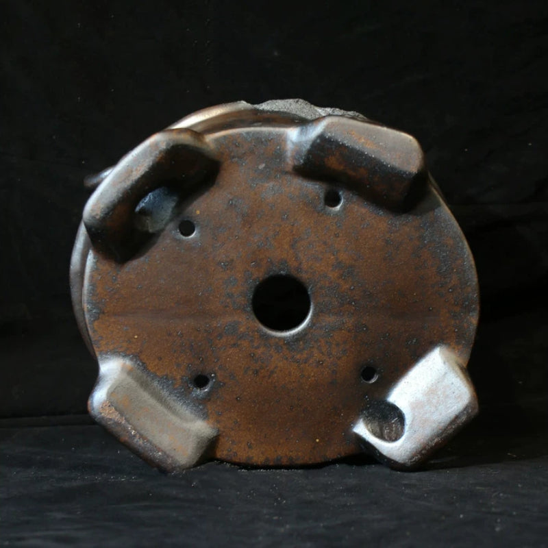 9" (23cm) Irregular Round Wood-Fired Bonsai Pot w Eroded Stone-Like Texture & Sculptural Feet Bottom View