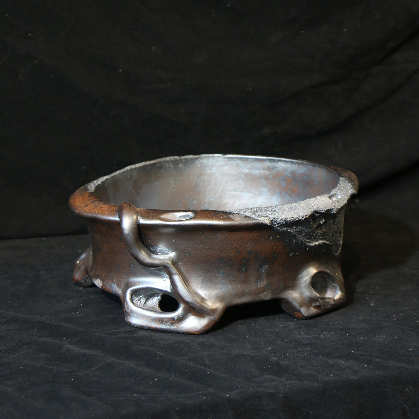 9" (23cm) Irregular Round Wood-Fired Bonsai Pot w Eroded Stone-Like Texture & Sculptural Feet Top View
