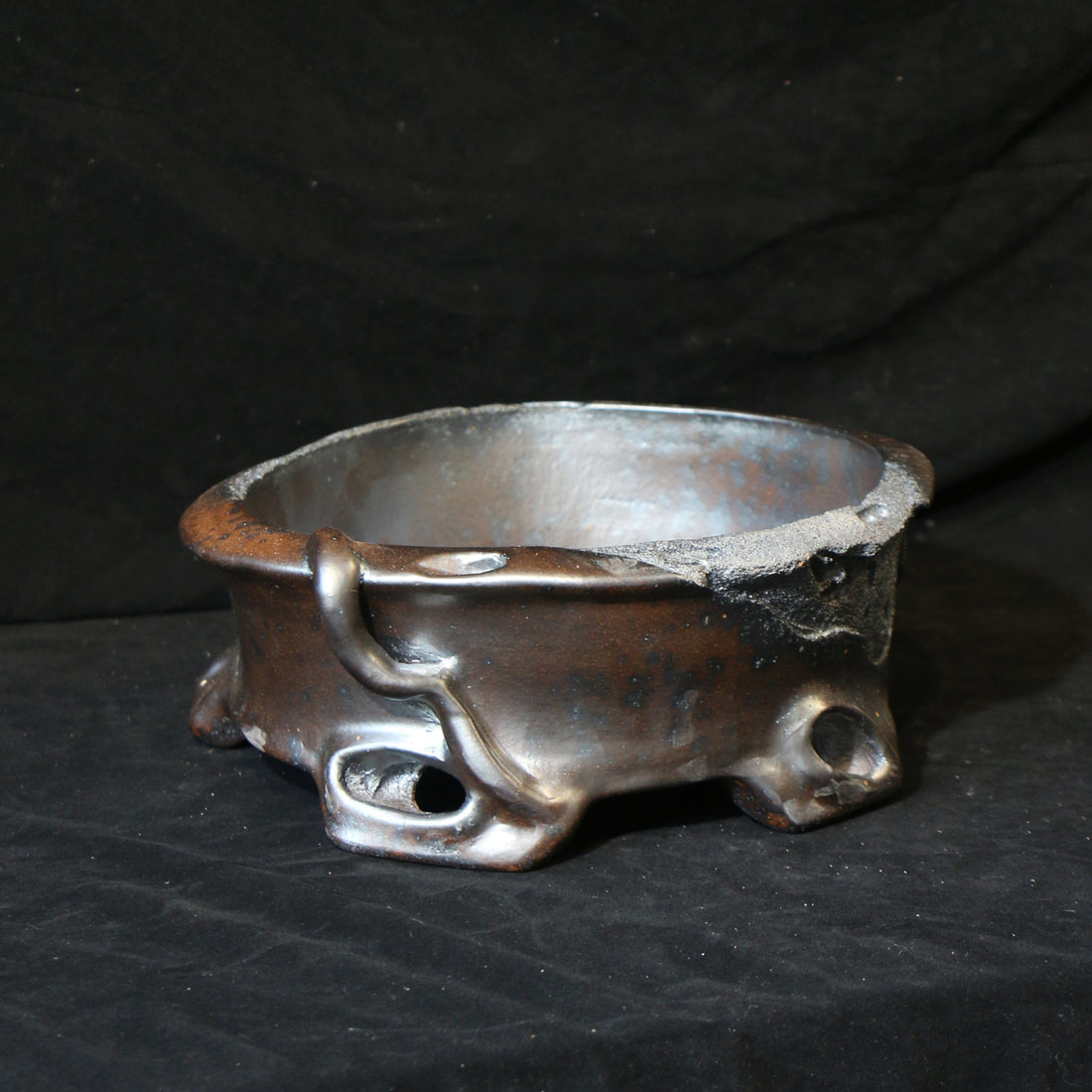 9" (23cm) Irregular Round Wood-Fired Bonsai Pot w Eroded Stone-Like Texture & Sculptural Feet Top View