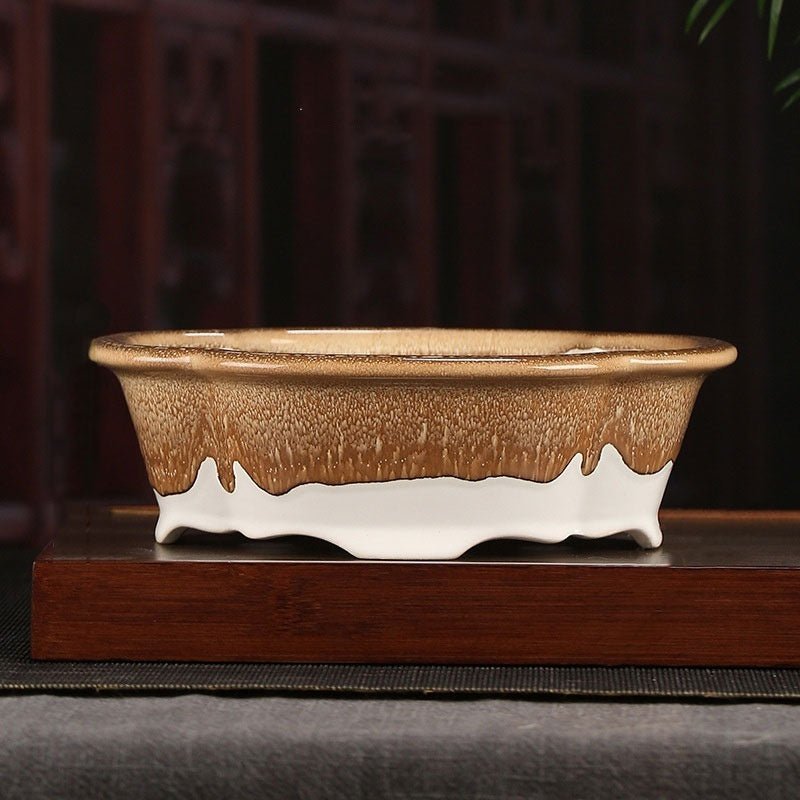 9" (23cm) Lotus Shaped Caramel Color Drip Glaze Bonsai Pot