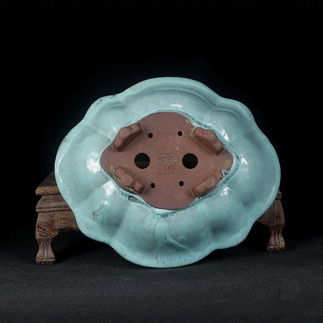 8.6" (22cm) Flared Scalloped Lotus-Shaped Green Glazed Shallow Bonsai Pot