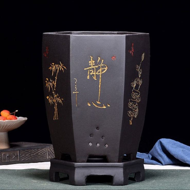 9" Deep Hand-Carved Elegant Black Hexagonal Cascade Bonsai Pot w Stand