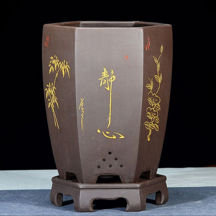 9" Deep Hand-Carved Unglazed Hexagonal Cascade Bonsai Pot w Stand