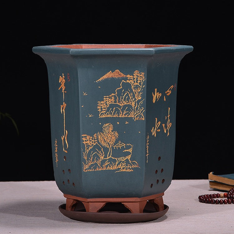 9" Deep Stunning Blue Hand-Carved Hexagonal Cascade Bonsai Pots